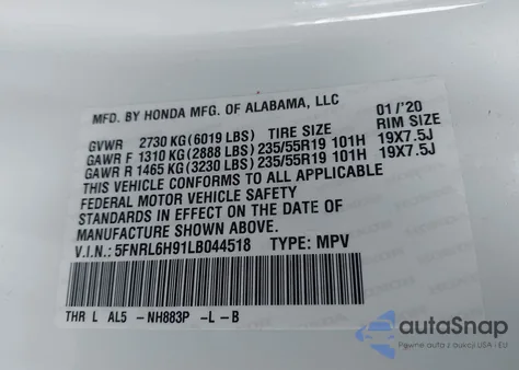 2020 Honda Odyssey Elite z USA, uszkodzony, nr VIN 5FNRL6H91LB044518